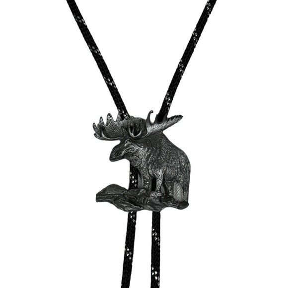 Boho Western Moose Bolo Tie Black Silver Necklace Accessory Cowboy Rodeo - Picture 7 of 7